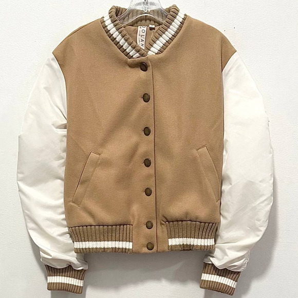 Anthropologie Jackets & Blazers - NWT: DOLAN LEFT COAST - Varsity Bomber Jacket In Camel with Ruched Sleeves - M